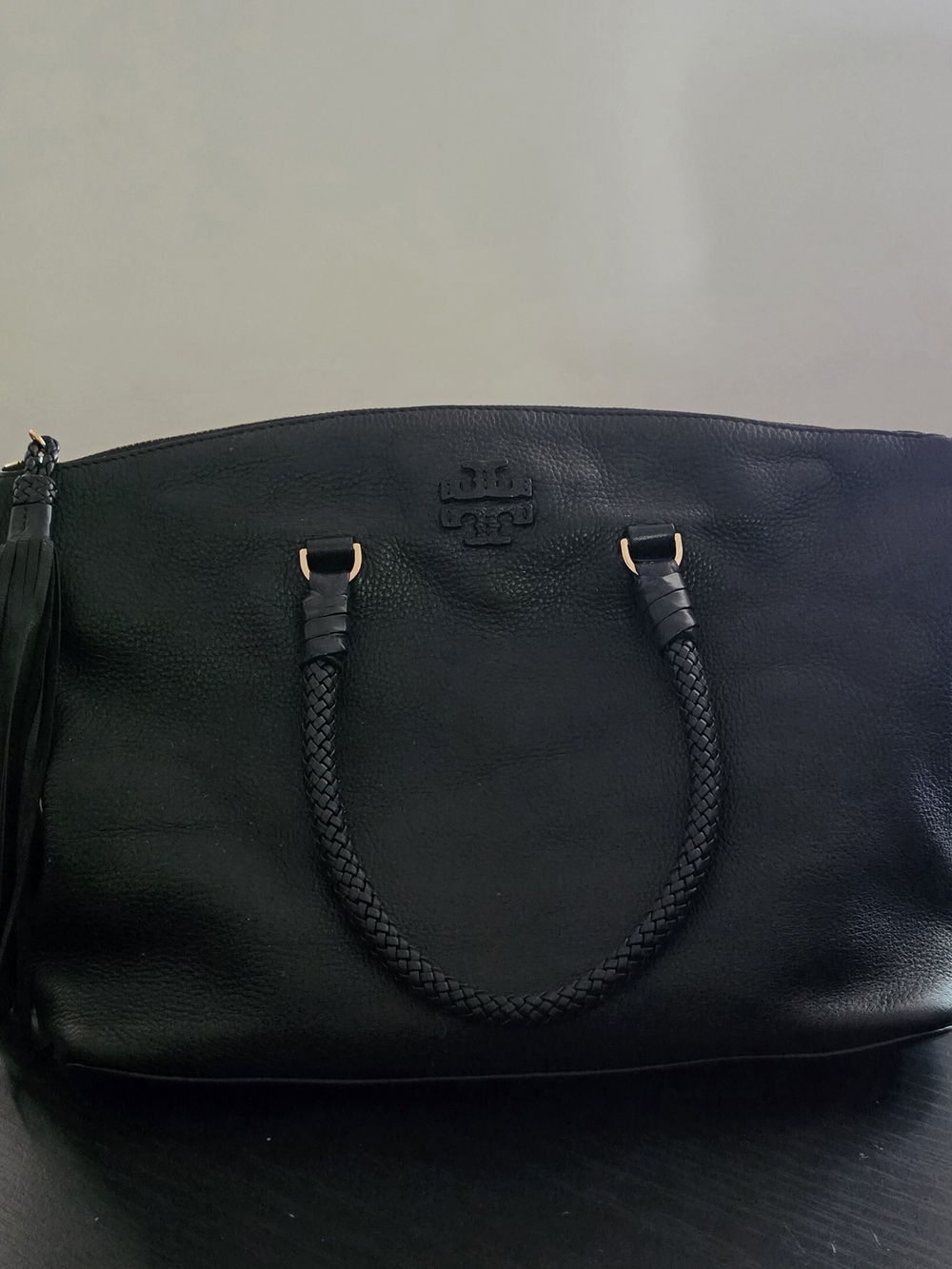Tory Burch Black Braided-Handle Tote with Tassel